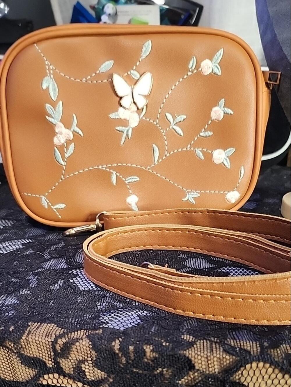 Women’s Tan Crossbody Bag with Floral Embroidery